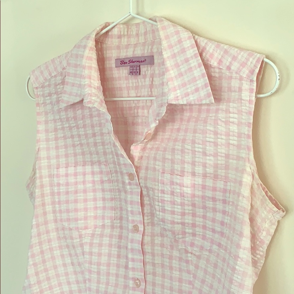 Vintage mod sleeveless pink gingham button down